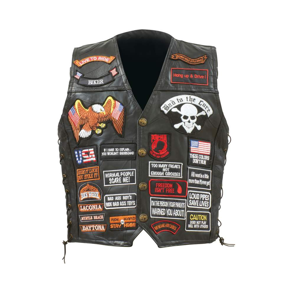 Echt Büffelleder Biker Weste mit 42 Patches Diamond Plate™ Rock Design - Bild 8 von 9