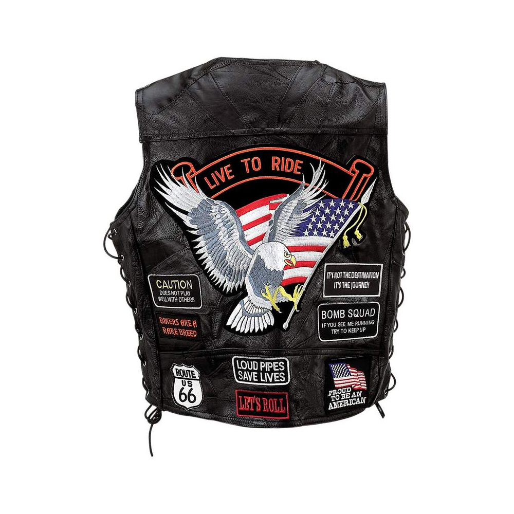Gilet da motociclista in pelle di bufalo American Eagle Bomb Squad 14 toppe lacci laterali Bes - Foto 5 di 10
