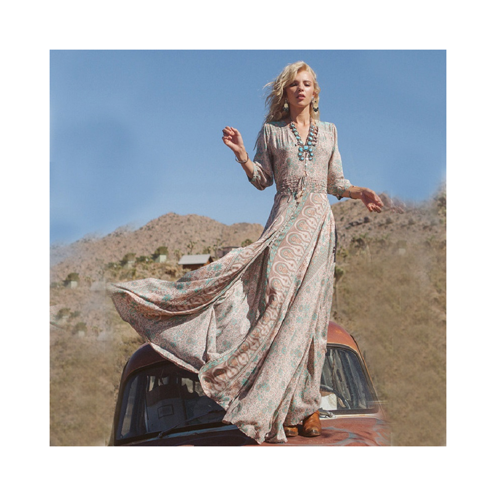 BOHO Maxi Dress Thigh Slit Paisley Maxi Dress Outdoors Party Dress for Women - Picture 5 of 9
