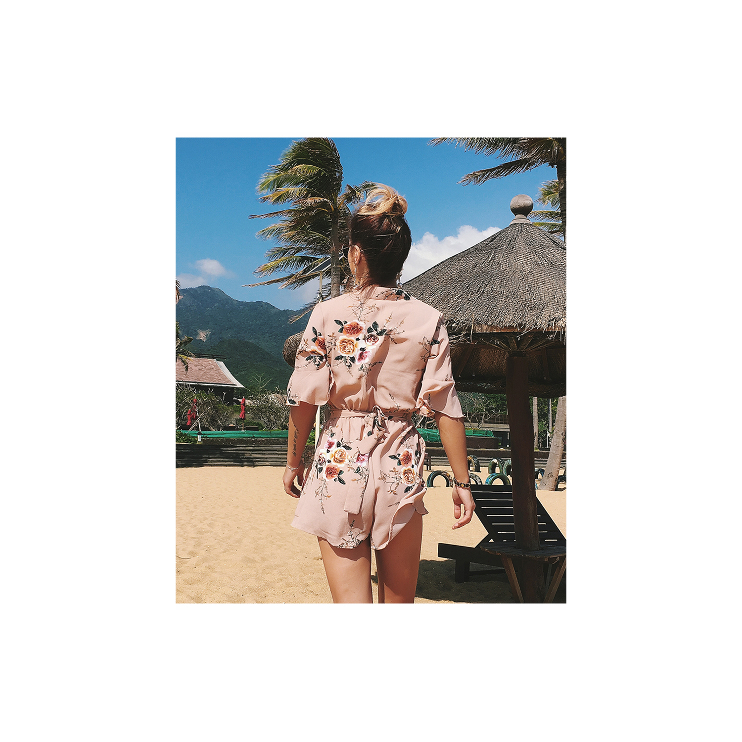Damen Blumen Strampler Sexy V-Ausschnitt Halbarm Unregelmäßiger Schnitt Shorts - Mokka - Bild 6 von 51