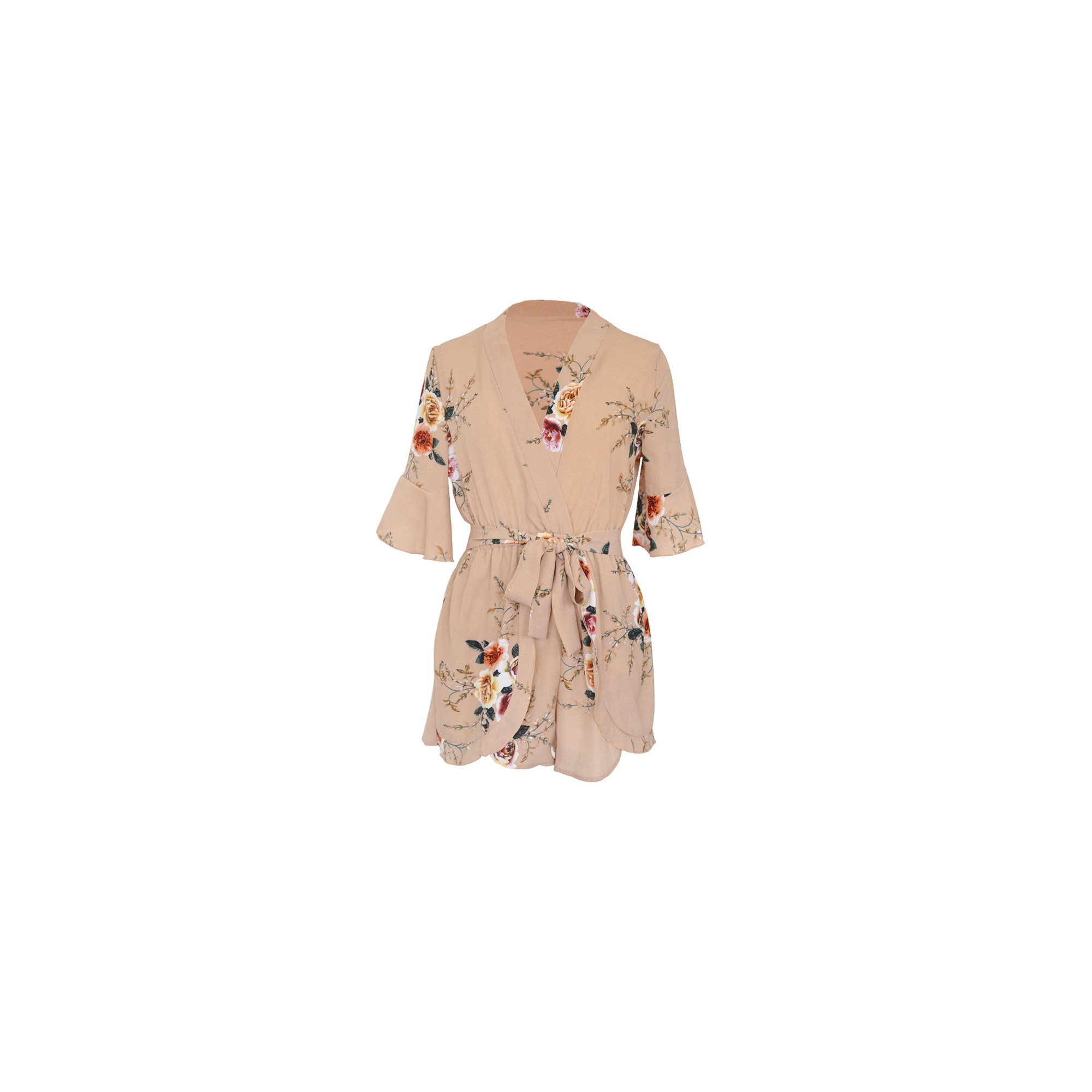 Damen Blumen Strampler Sexy V-Ausschnitt Halbarm Unregelmäßiger Schnitt Shorts - Mokka - Bild 8 von 51