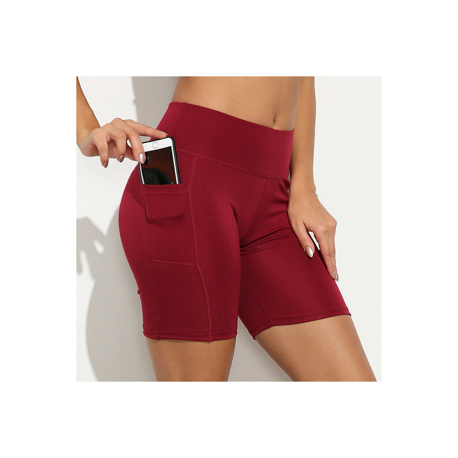 Burgundy Bermuda Shorts with pockets for Women High Rise Yoga Biker Shorts - Picture 11 of 11