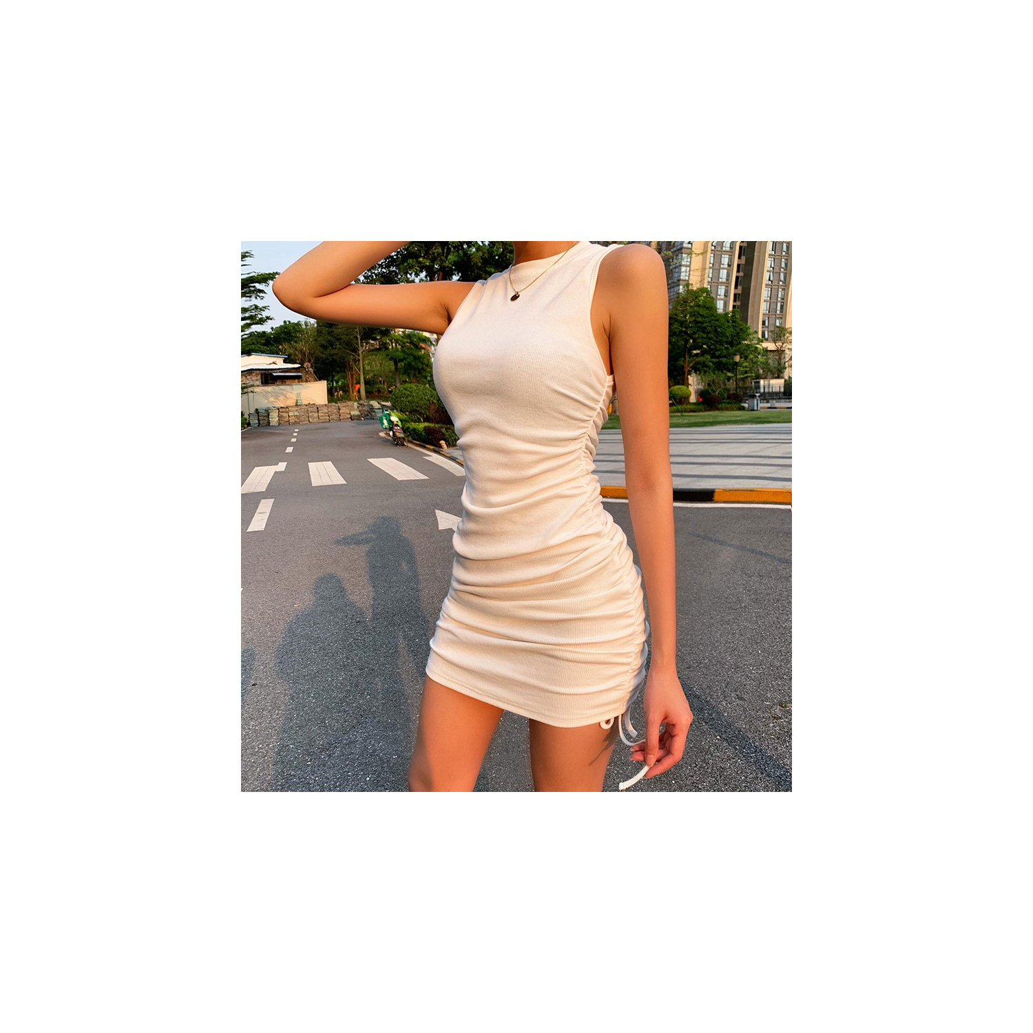 Rüschen Bodycon Kleid Tanzfläche bereit ärmellos Date Nacht Mini Stehkragen - Bild 13 von 39