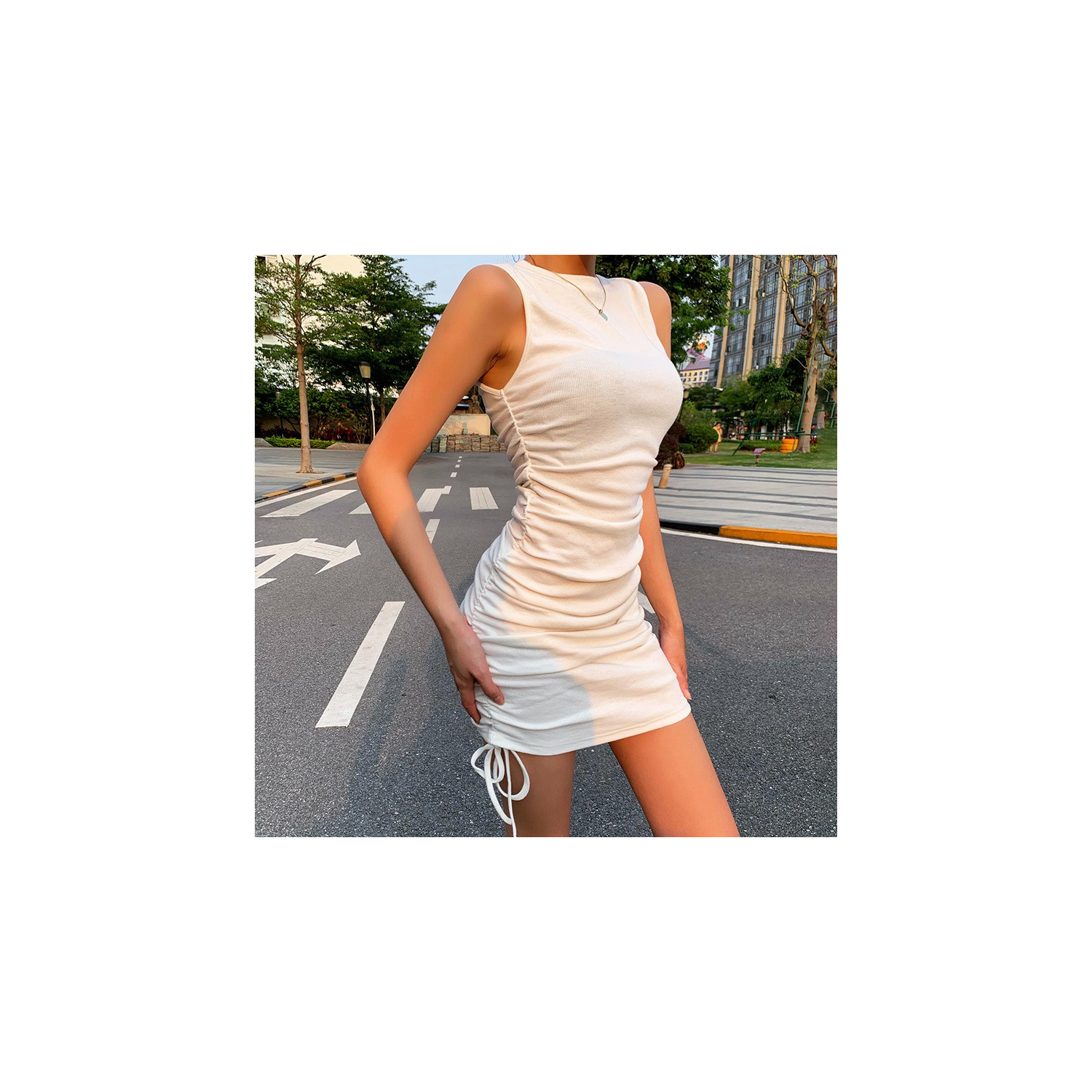 Rüschen Bodycon Kleid Tanzfläche bereit ärmellos Date Nacht Mini Stehkragen - Bild 23 von 39