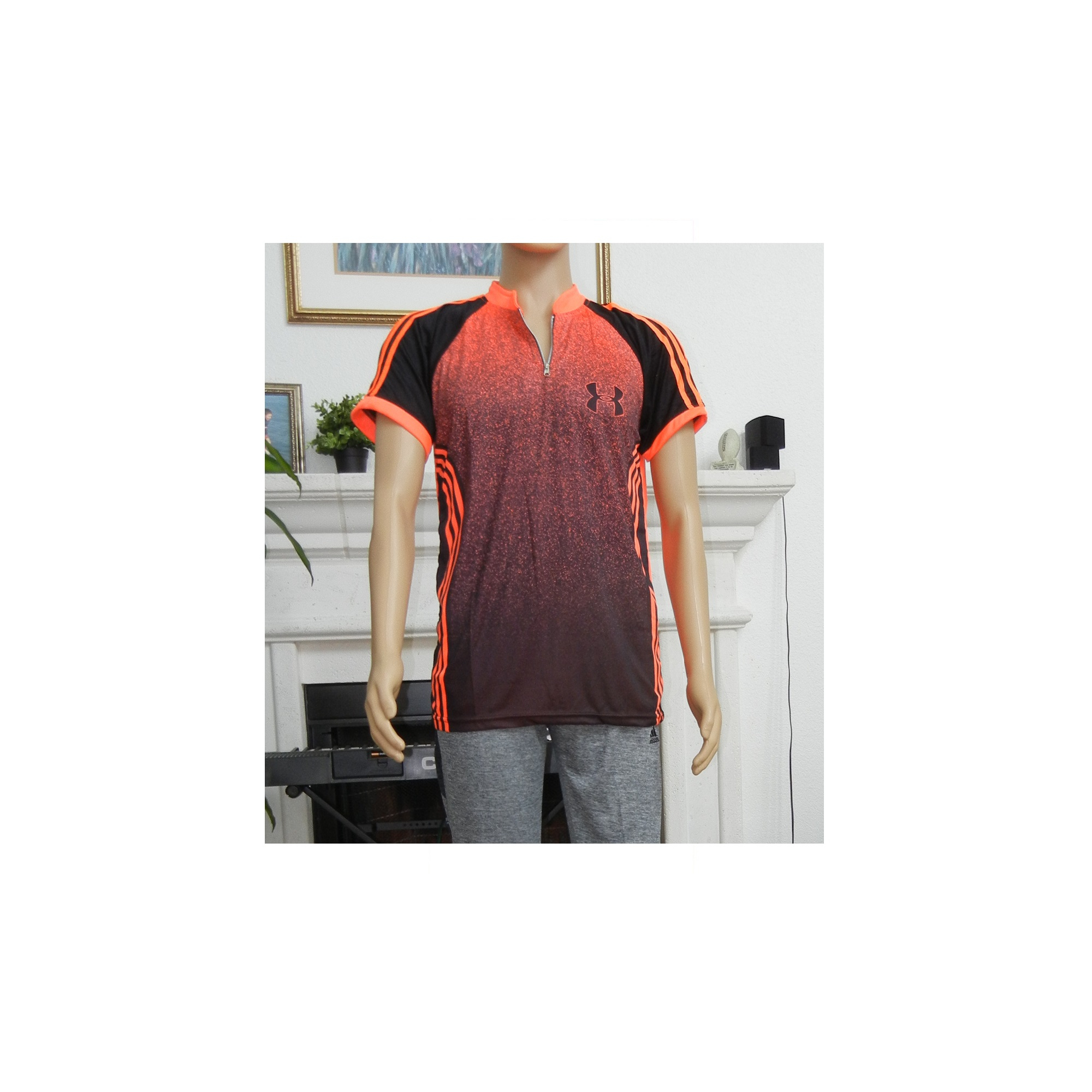 Camiseta Para Hombres Cuello Henley Cuarto Cremallera Color Sublimado Degradado Naranja y Negro - Imagen 11 de 27