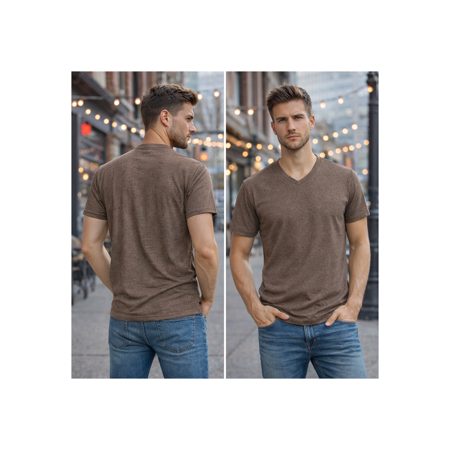 Men’s Heather Brown Cotton T-Shirt V-Neck Short Sleeve Casual Tee