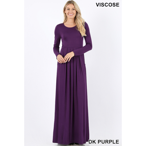 Long Sleeve Maxi Dress Pleated with Side Pockets Dark Purple eBay