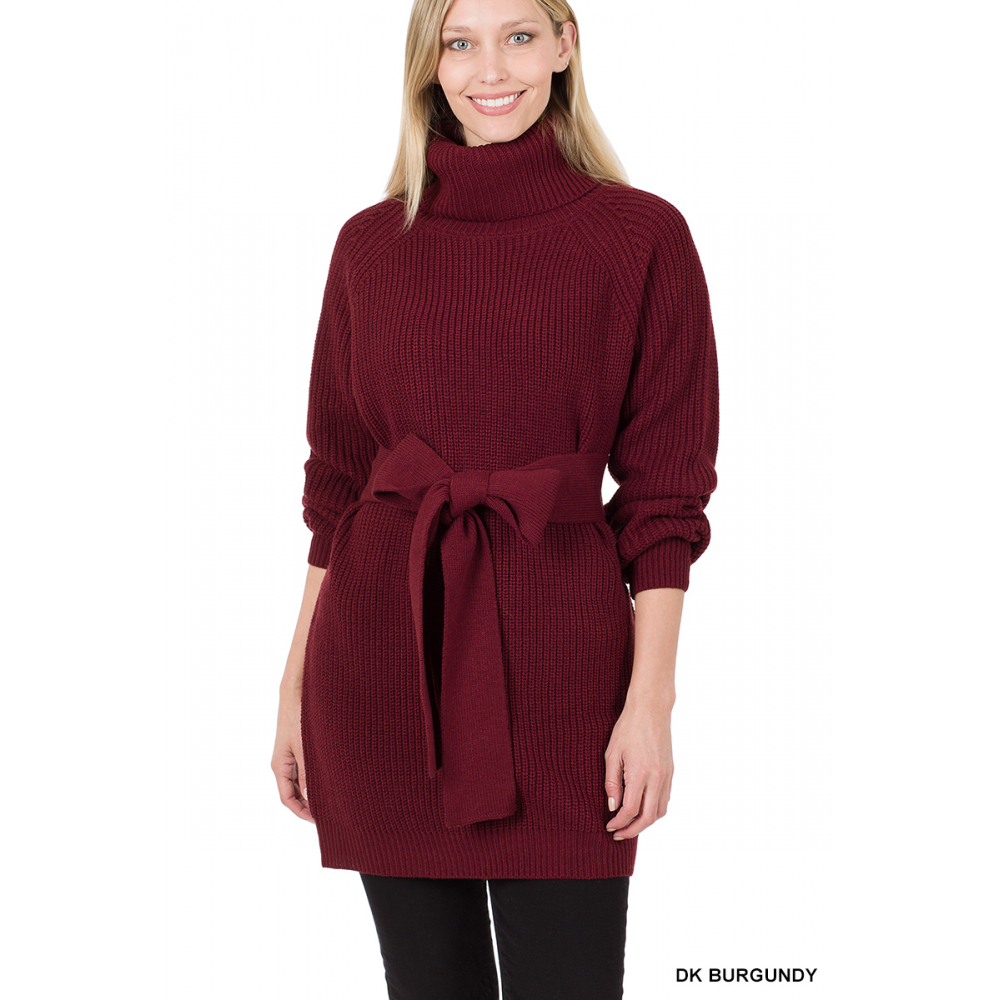 Belted Turtleneck Sweater Dress   Raglan Sleeves - Dark Burgundy