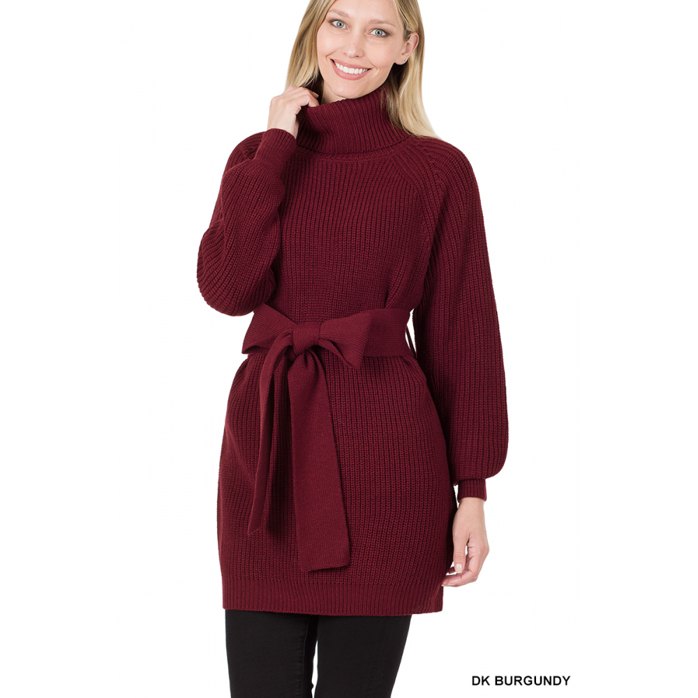 Belted Turtleneck Sweater Dress   Raglan Sleeves - Dark Burgundy