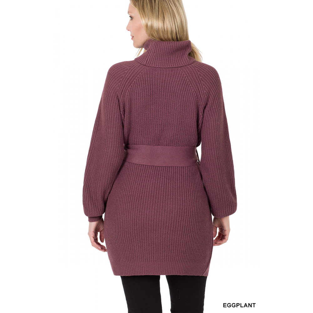 Belted Turtleneck Sweater Dress   Raglan Sleeves - Dark Burgundy