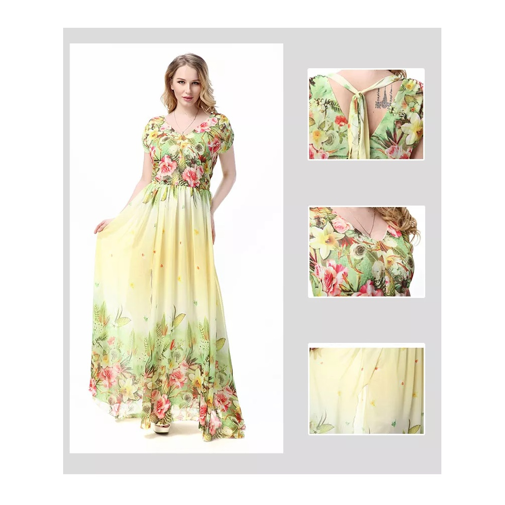 Plus Size Floral Dress Short Sleeve Floor Length Pleated Maxi Yellow with lini - Bild 9 von 9