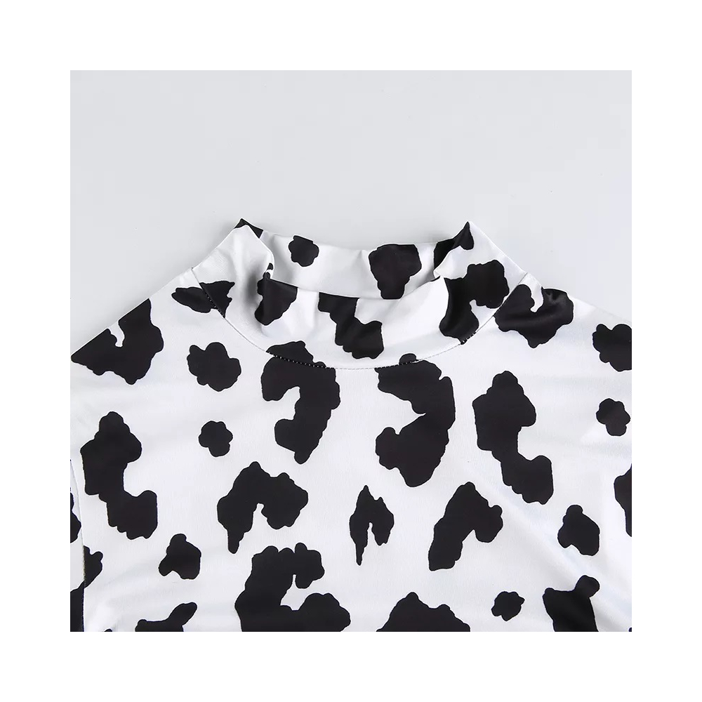 Cow Print Crop Top Mock Neck   Full Sleeve Hip Sexy Form Hugging Accentuates you