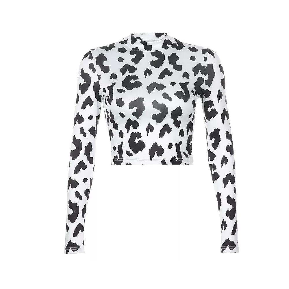 Cow Print Crop Top Mock Neck   Full Sleeve Hip Sexy Form Hugging Accentuates you