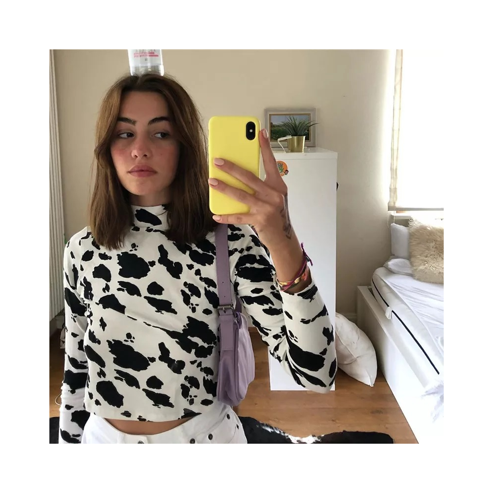 Cow Print Crop Top Mock Neck   Full Sleeve Hip Sexy Form Hugging Accentuates you