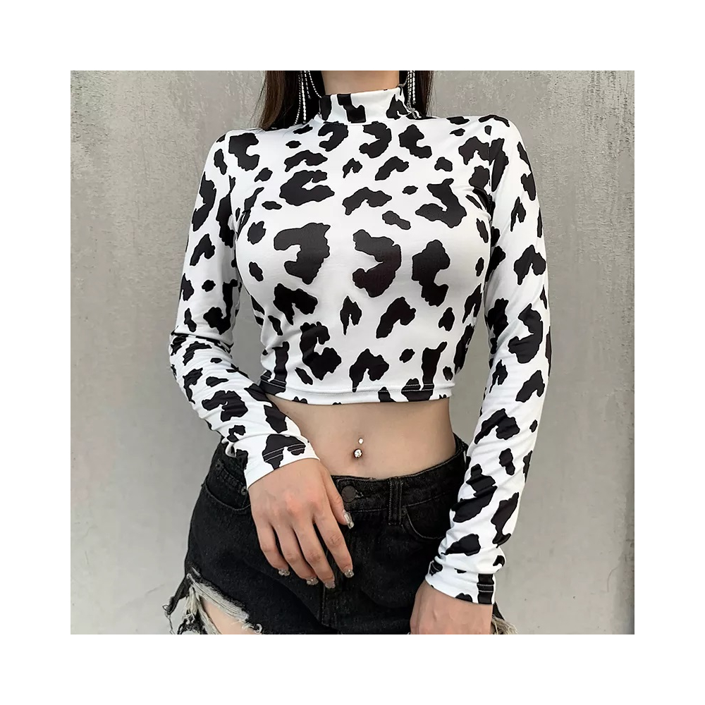 Cow Print Crop Top Mock Neck   Full Sleeve Hip Sexy Form Hugging Accentuates you