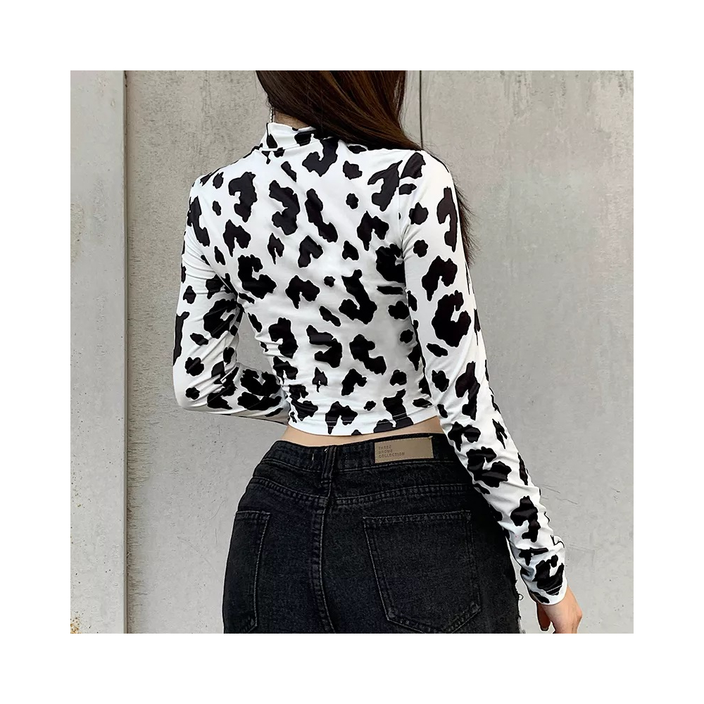 Cow Print Crop Top Mock Neck   Full Sleeve Hip Sexy Form Hugging Accentuates you