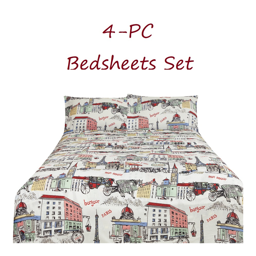 Paris Bed Sheets Set 4-pc Multicolor Parisian Scenes Full Queen King - Picture 3 of 3