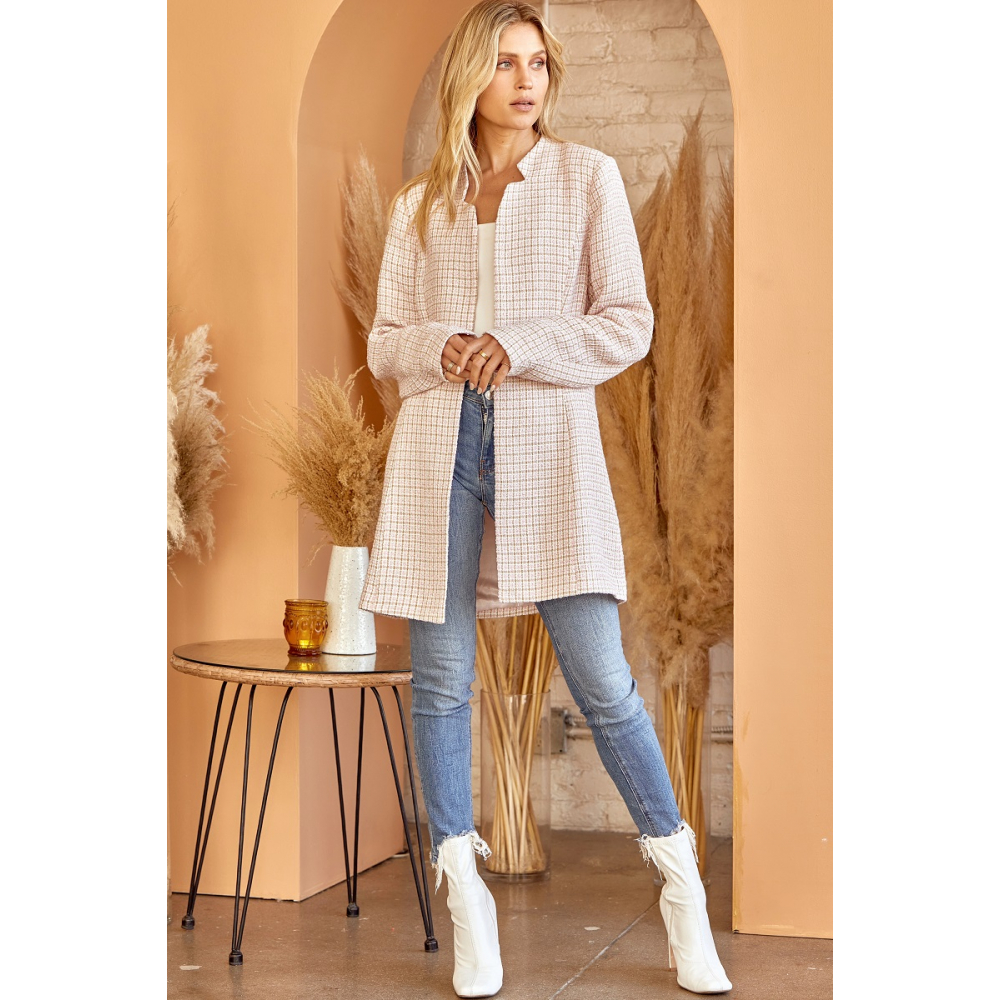 Abrigo de tweed a cuadros rosa claro rubor para mujer frente abierto sin cuello mangas largas - Imagen 2 de 4