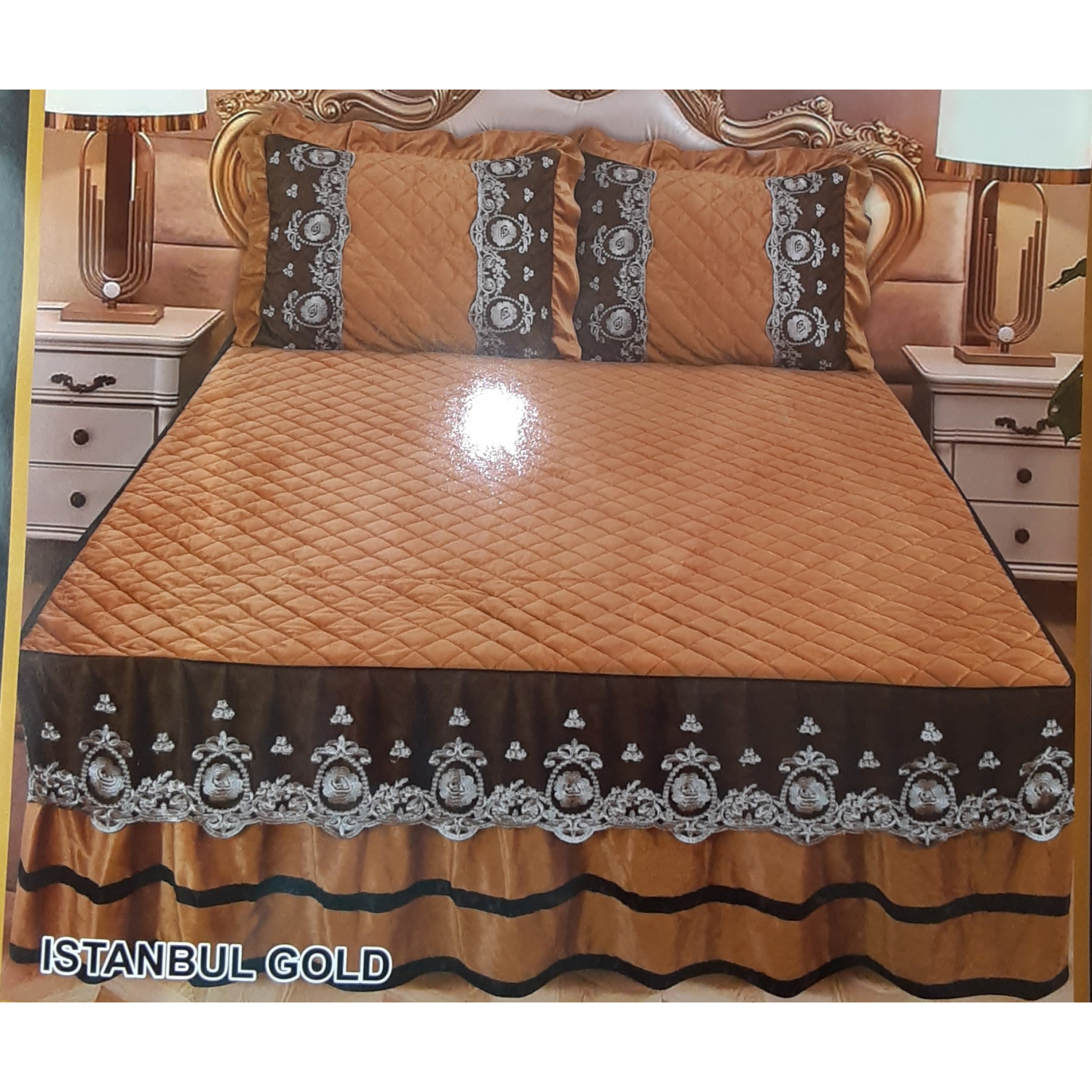 Istanbul Gold Luxury Velvet Bedspread Coverlet with Ruffle Vintage Royal Desig - Picture 6 of 7